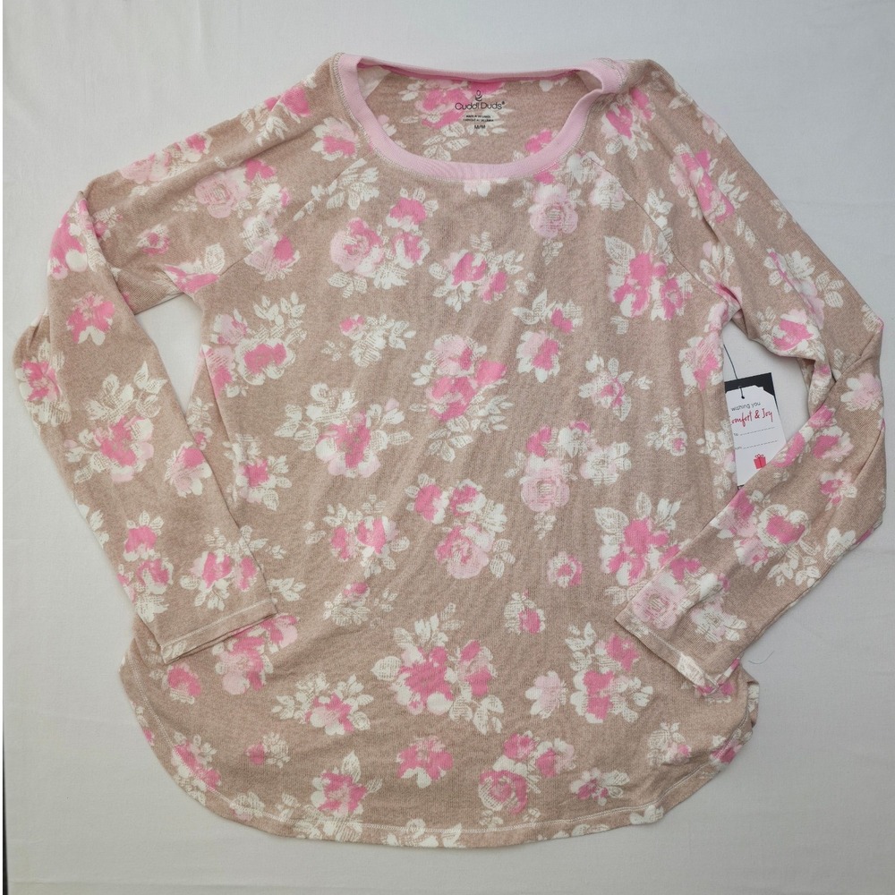 Cuddl Duds Womens 2 Piece Pajama Set Tan/Pink Medium Floral Jogger Lounge PJ NWT